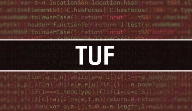 İkili kodlu dijital teknoloji geçmişi olan bir TUF. Program kodu ve TUF ile soyut arkaplan. Programlama ve kodlama teknolojisi geçmişi. Program listeli TUF