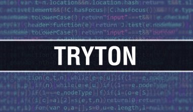 İkili kodlu dijital teknoloji geçmişi olan Tryton. Program kodu ve Tryton olan soyut bir arkaplan. Programlama ve kodlama teknolojisi geçmişi. Program listesiyle birlikte Tryton