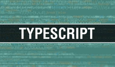 Program ve uygulama geliştirmek için kod kullanarak TypeScript konsepti illüstrasyonu. Koyu arkaplanda tarayıcı görünümünde renkli etiketleri olan bir web sitesi kodu. İkili bilgisayar kodunda daktilo