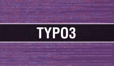 Yazılım geliştiricisi ve Bilgisayar betiğinin programlama kodu soyut teknoloji arkaplanı üzerine yazılmış TYPO3 metni. Bilgisayar ekranında TYPO3 kod kavramı. Kodlama TYPO3 programlama web oturumu