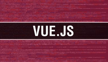 Vue.js yazılım geliştiricisi ve Bilgisayar betiğinin programlama kodu soyut teknoloji arkaplanı üzerine yazılmış metni. Vue. J 'nin bilgisayar ekranındaki kod kavramı. Vu.js kodlaması Web oturumunu programlıyor