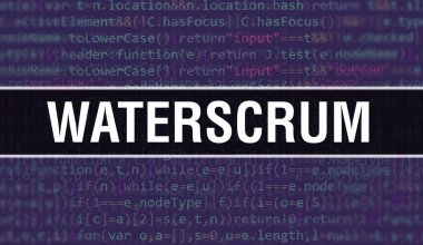 İkili kodlu dijital teknoloji geçmişi olan WaterScrum. Program kodlu ve WaterScrum 'lu soyut arkaplan. Programlama ve kodlama teknolojisi geçmişi. Program listeli WaterScrum
