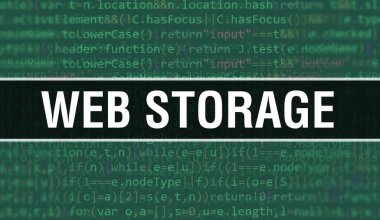 İkili kodlu dijital teknoloji geçmişi olan bir web deposu. Program kodu ve web depolama ile soyut bir arkaplan. Programlama ve kodlama teknolojisi geçmişi. Program listesi olan web depolama