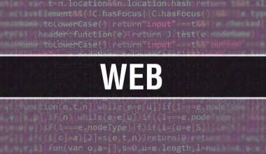 İkili kodlu dijital teknoloji geçmişi olan bir ağ. Program kodu ve web içeren soyut bir arkaplan. Programlama ve kodlama teknolojisi geçmişi. Uygulama listesiyle ağ