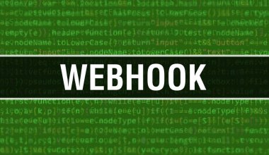 Dijital Java kod metni ile ağ kancası. Webhook ve Bilgisayar yazılım kodlama vektör kavramı. Senaryo Java programlanıyor, ekranda Web kancası olan dijital program kodu