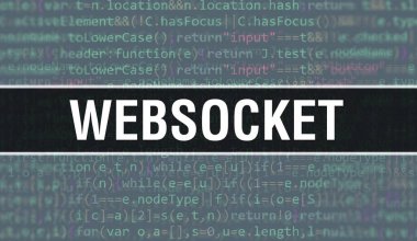 İkili kod dijital teknoloji geçmişi olan bir ağ soketi. Program kodlu ve Web Soketli soyut arkaplan. Programlama ve kodlama teknolojisi geçmişi. Program listeli Web Soketi