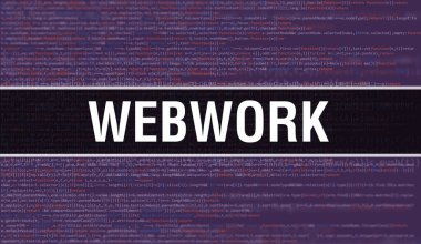 Yazılım geliştiricisi ve Bilgisayar betiğinin programlama kodları soyut teknoloji arkaplanı üzerine yazılmış Webwork metni. Bilgisayar monitöründe web çalışması konsepti. Web Çalışması programlama web oturumu