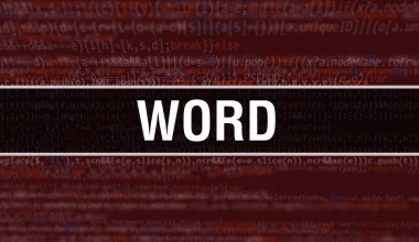 Program ve uygulama geliştirmek için kod kullanan kelime kavramı illüstrasyonu. Koyu arkaplanda tarayıcı görünümünde renkli etiketleri olan kelime web sitesi kodu. İkili bilgisayar kodu hakkında kelime, geri gruplama