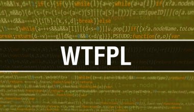 İkili kodlu dijital teknoloji geçmişi olan WTFPL. Program kodu ve WTFPL ile soyut arkaplan. Programlama ve kodlama teknolojisi geçmişi. Program listeli WTFPL