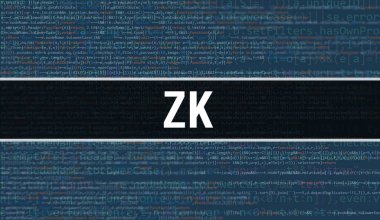 Yazılım geliştiricisi ve Bilgisayar betiğinin programlama kodları soyut teknoloji arkaplanı üzerine yazılmış ZK metni. Bilgisayar ekranında ZK kod kavramı. ZK programlama web oturumu kodlanıyor