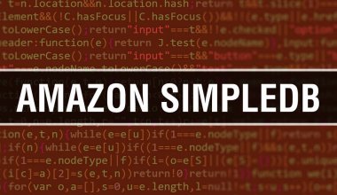 Uygulama ve programlar geliştirmek için kod kullanan Amazon SimpleDB konsepti çizimi. Amazon SimpleDB web sitesi kodu, koyu arkaplanda tarayıcı görünümünde renkli etiketler. Binar 'da Amazon SimpleDB