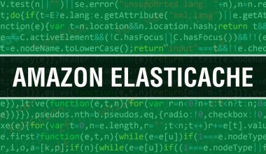 Yazılım geliştiricisi ve bilgisayar yazılımının programlama kodu soyut teknoloji arkaplanı üzerine yazılmış Amazon ElastiCache metni. Amazon ElastiCache bilgisayar monitöründe kod kavramı. Amazo Kodlanıyor