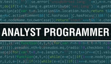 Yazılım geliştiricisi ve Bilgisayar yazılımının programlama kodları soyut teknoloji arkaplanı üzerine yazılan analist metni. Analist programcı bilgisayar monitöründe kod kavramı. Kodlama Analizleri