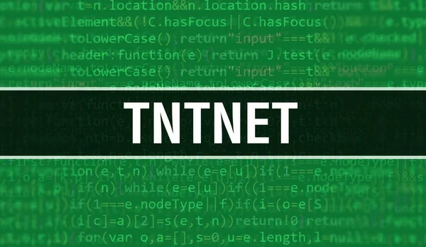 İkili kod dijital teknoloji geçmişi olan Tntnet. Program kodu ve Tntnet ile soyut arkaplan. Programlama ve kodlama teknolojisi geçmişi. Program listeli Tntnet
