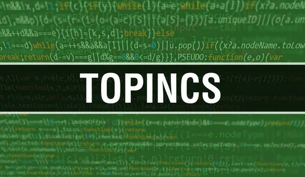 Program Kodunun Rastgele Parçaları konsepti. Yazılım geliştiricisi ve Bilgisayar betiğinin programlama kodu soyut teknoloji arkaplanı üzerine yazılmış Topincs metni. Teknoloji Morina ile Tepeler