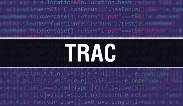 İkili kodlu dijital teknoloji geçmişi olan bir Trac. Program kodu ve Trac ile soyut arkaplan. Programlama ve kodlama teknolojisi geçmişi. Program listesiyle birlikte Trac