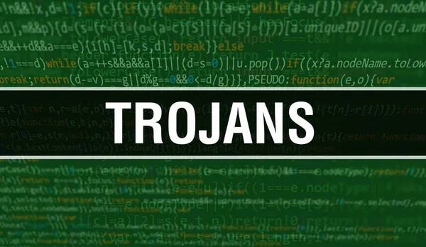Program Kodunun Random Parts of Program Kodları ile Truva konsepti. Trojans metni yazılım geliştiricisi ve Bilgisayar betiğinin programlama kodu soyut teknoloji arkaplanı üzerine yazıldı. Teknoloji morina balıklı Truvalılar