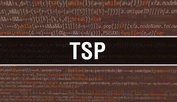 Programlama kodunun Random Parts of Program Kod.TSP metni ile TSP kavramı yazılım geliştiricisi ve Bilgisayar betiğinin programlama kodu soyut teknoloji arka planı üzerine yazılmıştır. Teknoloji kodu Backgroun olan TSP