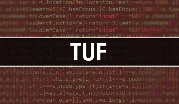 İkili kodlu dijital teknoloji geçmişi olan bir TUF. Program kodu ve TUF ile soyut arkaplan. Programlama ve kodlama teknolojisi geçmişi. Program listeli TUF