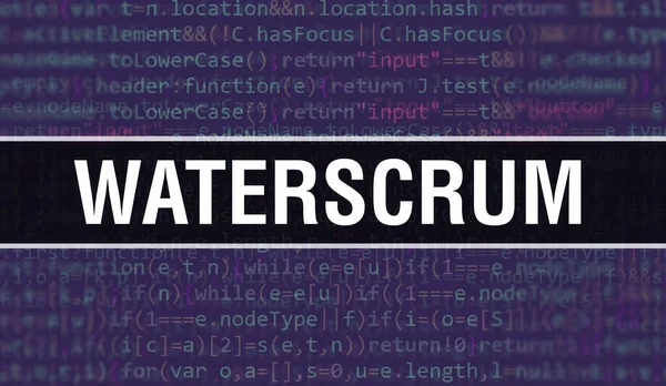 İkili kodlu dijital teknoloji geçmişi olan WaterScrum. Program kodlu ve WaterScrum 'lu soyut arkaplan. Programlama ve kodlama teknolojisi geçmişi. Program listeli WaterScrum