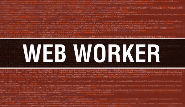 プログラミングコードに書かれたWeb労働者のテキストソフトウェア開発者とコンピュータスクリプトの抽象技術の背景 コンピュータモニタ上のコードのWeb労働者の概念 Webワーカープログラムのコーディング — ストック写真