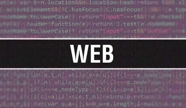 バイナリコードのデジタル技術の背景を持つWeb プログラムコードとWebでの抽象的な背景 プログラミングとコーディング技術の背景 Web Program Listin — ストック写真