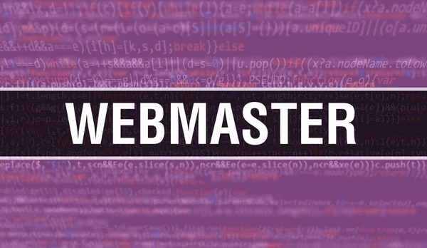 プログラムやアプリを開発するためのコードを使用してWebmasterの概念図 ダークな背景にブラウザビューでカラフルなタグを持つウェブマスターウェブサイトコード バイナリコンピュータコード上のウェブマスター — ストック写真