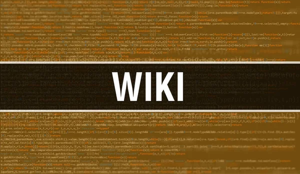 ソフトウェア開発者とコンピュータスクリプトのプログラミングコード抽象技術の背景に書かれたWikiテキスト コンピュータモニタ上のコードのWikiの概念 コーディング Wikiプログラミングウェブサイト — ストック写真
