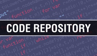 Programın Gelişigüzel Parçaları kod depolama konsepti. Yazılım geliştiricisi ve Bilgisayar betiğinin programlama kodları soyut teknoloji arka planına sahip bir kod deposu. Kod deposu Arka Gruplandırması