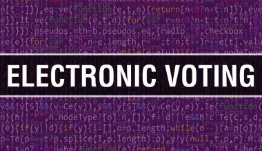 Elektronik oylama konsepti illüstrasyonu program ve uygulama geliştirmek için kod kullanıyor. Elektronik oylama web sitesi kodu, koyu arkaplanda tarayıcı görünümünde renkli etiketler. Binar 'da elektronik oylama