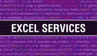 İkili kod dijital teknoloji geçmişi olan Excel Servisleri. Program kodlu ve Excel Servisli soyut arkaplan. Programlama ve kodlama teknolojisi geçmişi. Progra ile Excel Servisleri