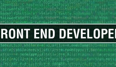 Programın Random Parts of Program Code.Front Developer metni ile Front End Geliştirici kavramı yazılım geliştiricisi ve Bilgisayar betiğinin programlama kodu soyut teknoloji arkaplanı üzerine yazılmıştır. Önden En