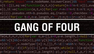 Yazılım geliştiricisinin ve bilgisayar yazılımının programlama kodu soyut teknoloji arka planı üzerine yazılmış dört metinli Random Parts of Program Kodları Çetesi. Dört kişilik çete.