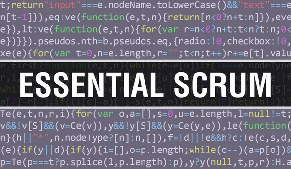 基本的Scrum概念与程序编码的随机部分 基本的Scrum文字写在软件开发人员和计算机脚本的程式码抽象技术背景上 基本Scru — 图库照片