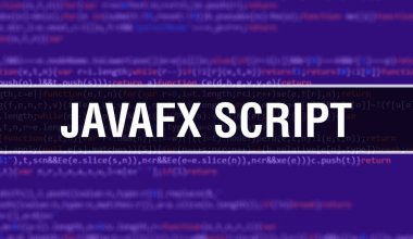 Yazılım geliştiricisi ve Bilgisayar betiğinin programlama kodu soyut teknoloji arkaplanı üzerine yazılmış JavaFX Betiği metni. Bilgisayar ekranında JavaFX Betik kod kavramı. JavaFX Betiği Kodlanıyor