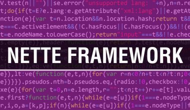 İkili kod dijital teknoloji geçmişi olan Nette Framework. Program kodu ve Nette Framework ile soyut arkaplan. Programlama ve kodlama teknolojisi geçmişi. Progra ile Nette Çerçeve
