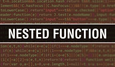 Uygulama ve programlar geliştirmek için kod kullanarak iç içe fonksiyon illüstrasyonu. Karanlık arkaplanda tarayıcı görünümünde renkli etiketleri olan yerleşik fonksiyon web sitesi kodu. Binar üzerinde yerleşik fonksiyon