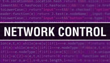 Uygulama ve programlar geliştirmek için kod kullanarak ağ kontrol konsepti illüstrasyonu. Koyu arkaplanda tarayıcı görünümünde renkli etiketleri olan ağ kontrol web sitesi kodu. İkili ağ denetimi