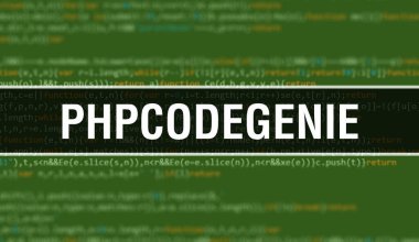 PhpCodeGenie yazılım geliştiricisi ve bilgisayar yazılımının programlama kodu soyut teknoloji arkaplanı üzerine yazılmış metin. Bilgisayar ekranında PhpCodeGenie kod kavramı. Kodlama PhpCodeGeni