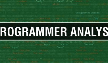 Programcı Analist, yazılım geliştiricisi ve Bilgisayar betiğinin programlama kodu soyut teknoloji arkaplanı üzerine yazılmış metin. Bilgisayar monitöründe kod analisti konsepti. Kodin