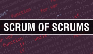 Dijital Java kod metni olan Scrum of Scrums. Scrums ve Bilgisayar yazılım kodlama vektörü konsepti. Senaryo Java programlanıyor, Scrum of Scrums ile birlikte dijital program kodu