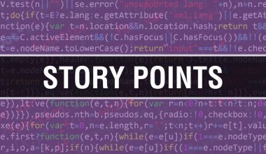 Yazılım geliştiricisi ve bilgisayar yazılımının programlama kodu soyut teknoloji arkaplanı üzerine yazılmış Öykü Noktaları metni. Bilgisayar ekranında Hikaye Noktaları konsepti. Kodlama Hikayesi Noktası