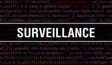 Yazılım geliştiricisi ve bilgisayar senaryosunun programlama kodu soyut teknoloji arkaplanı üzerine yazılan izleme metni. Bilgisayar monitöründeki izleme kodları. Kodlama Gözetleme