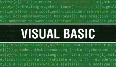 Visual Basic metin programlama kodu soyut teknoloji arka plan yazılım geliştiricisi ve Bilgisayar script yazılı. Bilgisayar monitöründe Visual Basic kod kavramı. Kodlama Görsel Basi