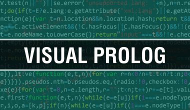 Yazılım geliştiricisi ve Bilgisayar betiğinin programlama kodu soyut teknoloji arkaplanı üzerine yazılan görsel Prolog metni. Bilgisayar monitöründe görsel Prolog kod kavramı. Kodlama Görsel Prolo