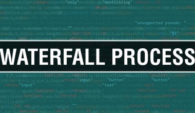 Yazılım geliştiricisi ve bilgisayar yazılımının programlama kodu soyut teknoloji arkaplanı üzerine yazılan şelale süreci metni. Bilgisayar monitöründe şelale süreci kod kavramı. Su falı kodlanıyor