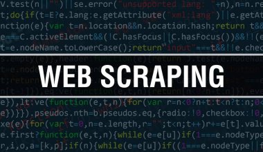 Yazılım geliştiricisi ve Bilgisayar betiğinin programlama kodu soyut teknoloji arka planı üzerine yazılmış web kazıma metni. Bilgisayar ekranında web kazıma konsepti. Kodlama Web kazıntısı