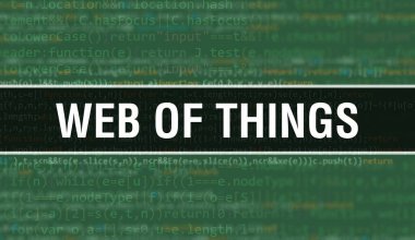 Dijital Java kodlu Web of Things. Şeylerin Ağı ve Bilgisayar yazılım kodlama vektörü konsepti. Senaryo Java programlanıyor, ekranda Nesnelerin Ağı olan dijital program kodu