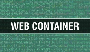 Rastgele Program Kodu içeren web konteynırı konsepti. Yazılım geliştiricisi ve Bilgisayar betiğinin programlama kodları soyut teknoloji arka planına sahip bir web taşıyıcı. Web konteynırı Arkaplan gözlemi