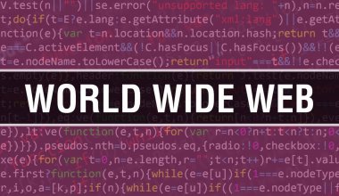 Yazılım geliştiricisi ve bilgisayar yazılımının programlama kodu soyut teknoloji arkaplanı üzerine yazılmış World Wide Web metni. World Wide Web 'de bilgisayar monitöründe kod kavramı. Dünya Çapında Kodlama